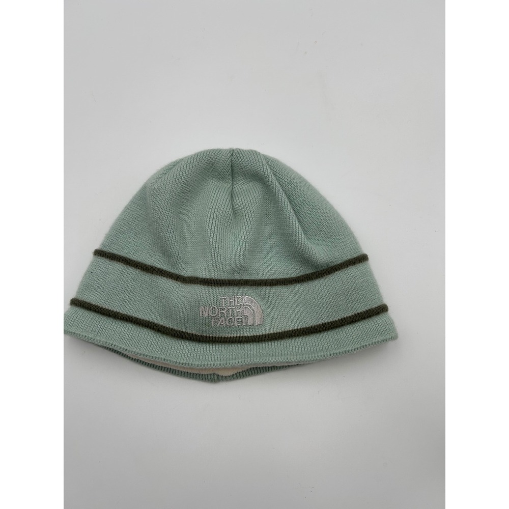 The North Face Wool Beanie Hat Seafoam Green Fleece Lined Striped Y2K Made in CA